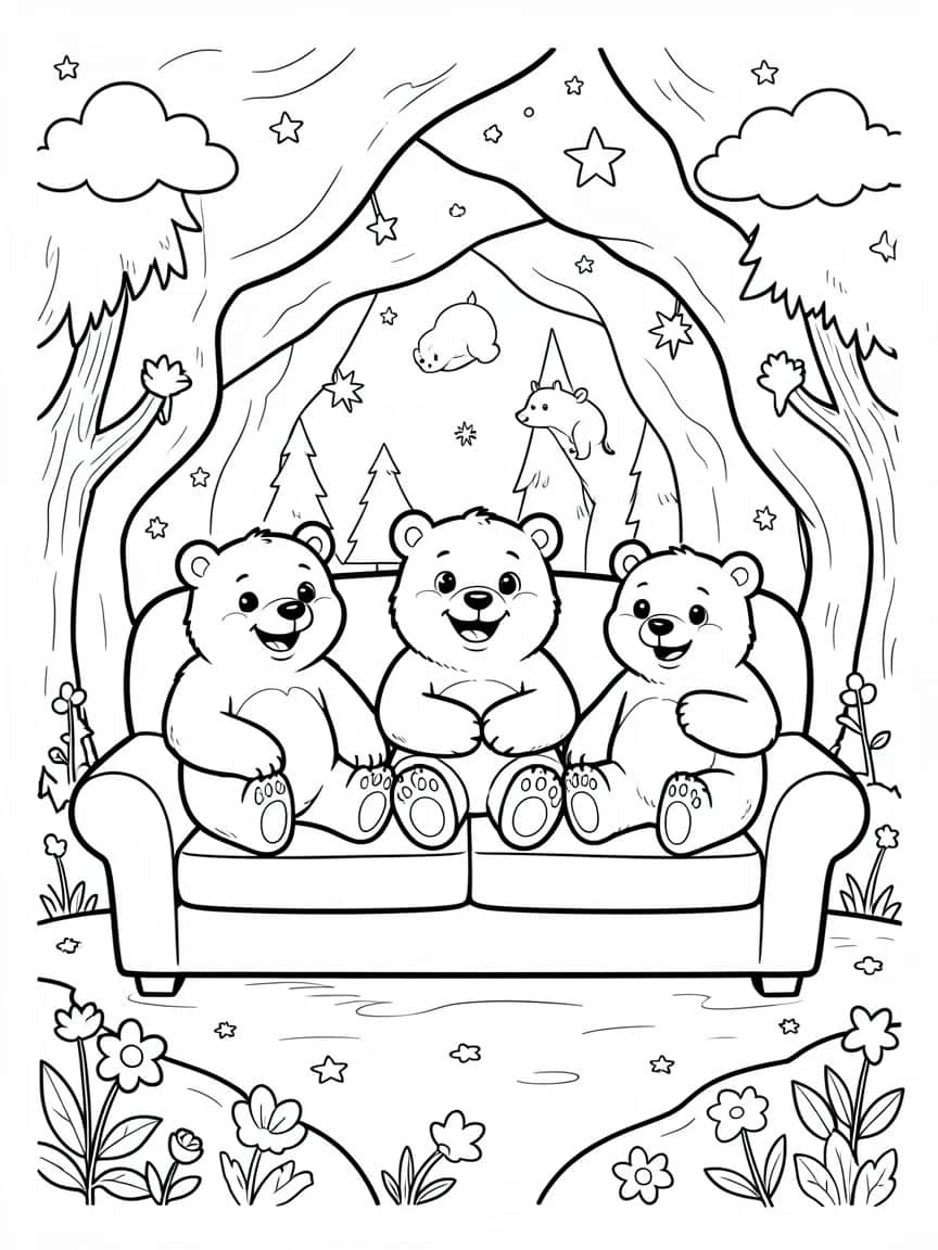 Three bears on a couch in their cozy cave, a sample coloring illustration