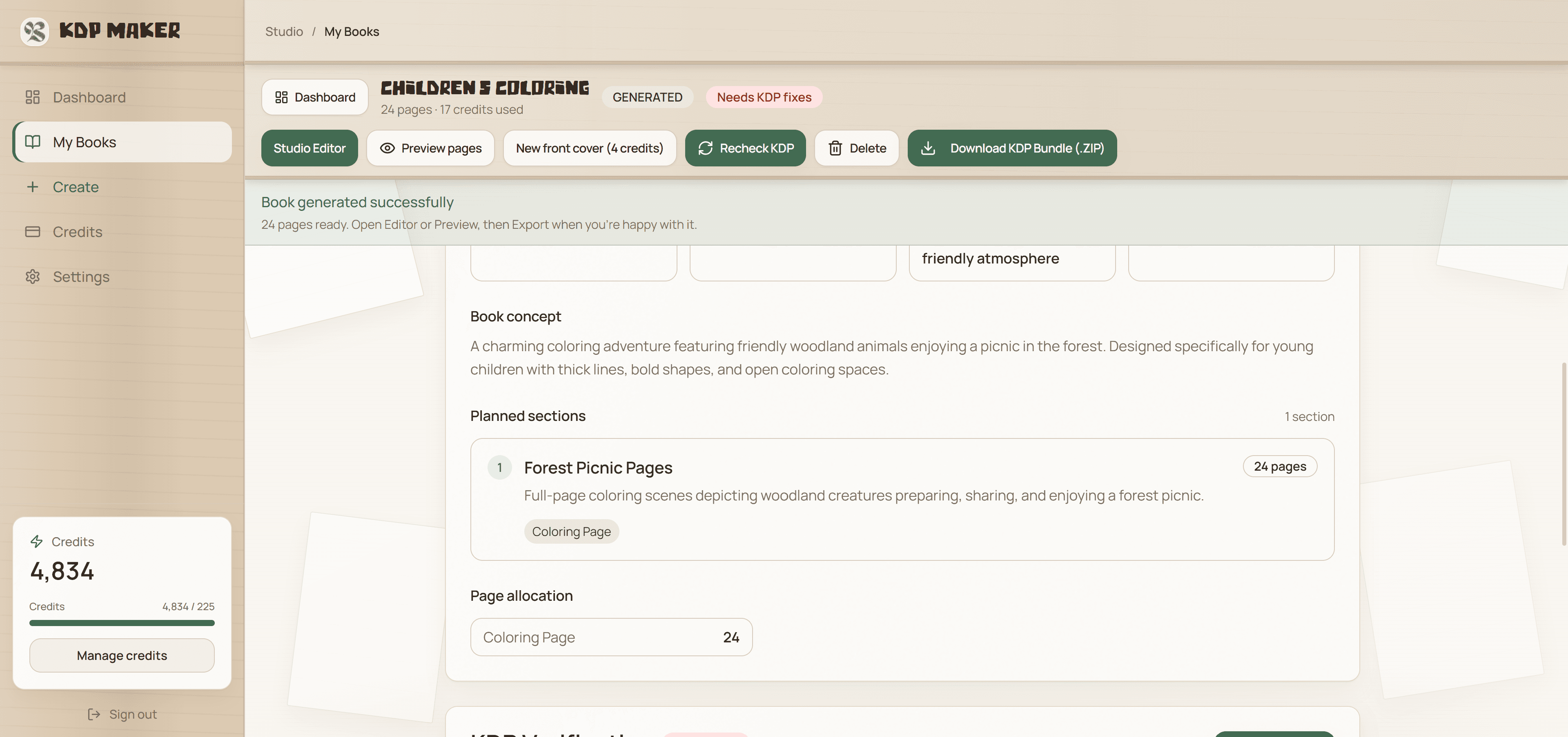 KDP Maker Book Plan showing a planned section and page allocation