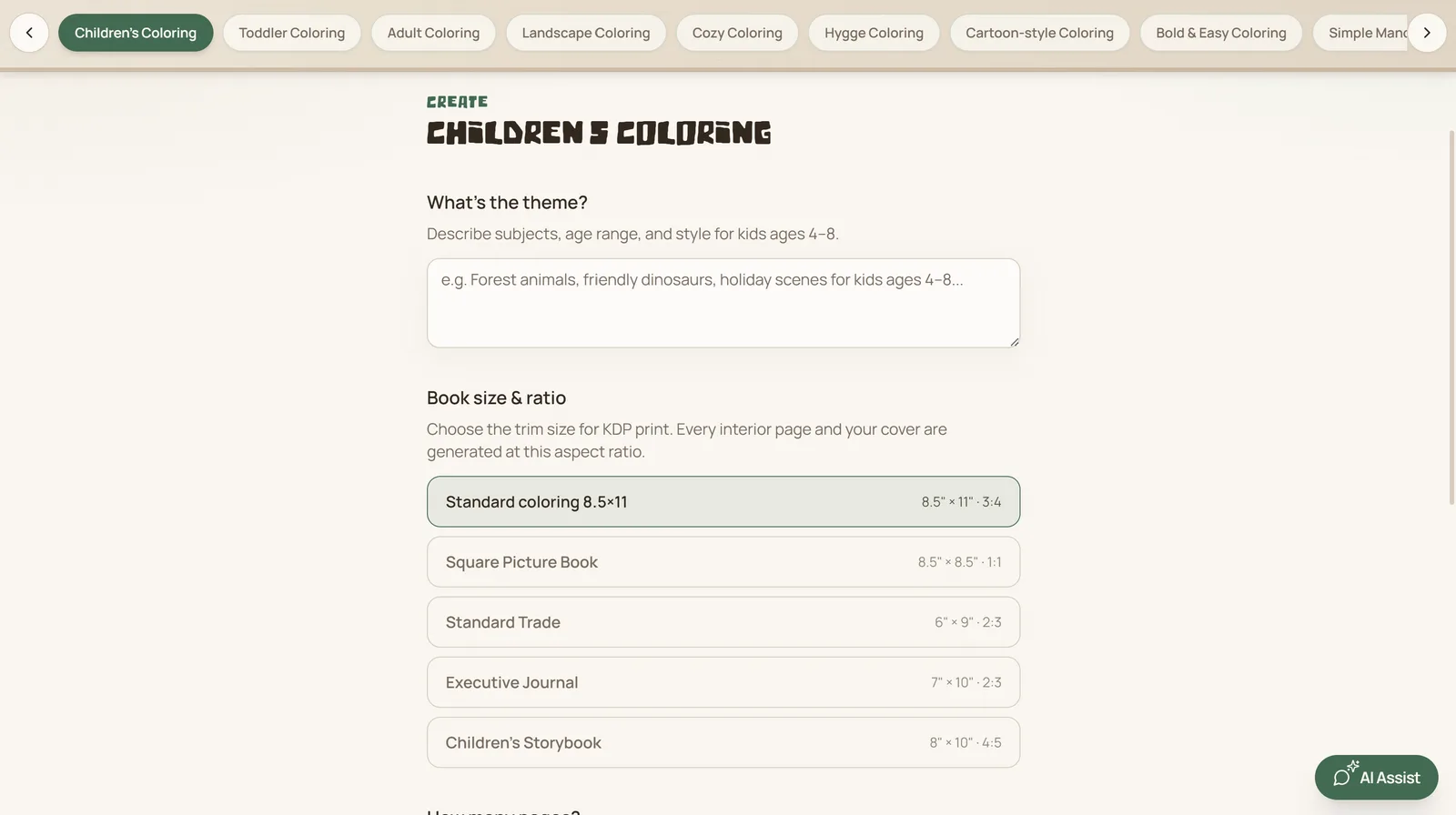KDP Maker book setup showing theme and trim size choices