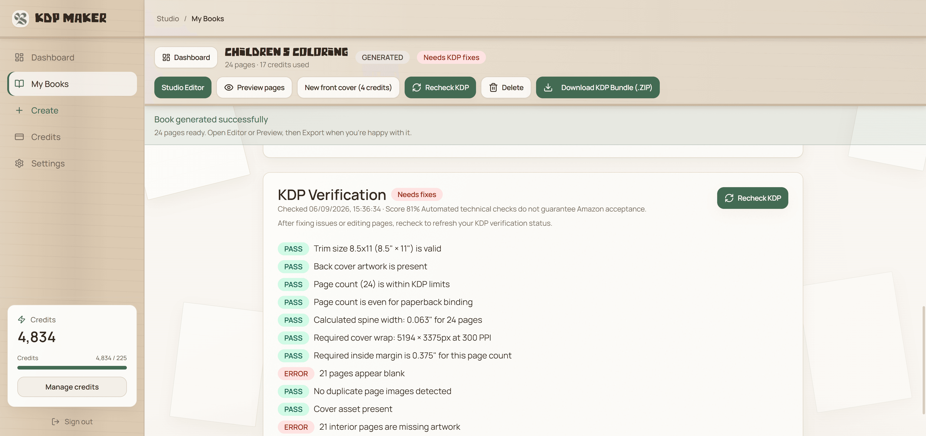 KDP Maker preflight review showing passed checks and issues that require correction