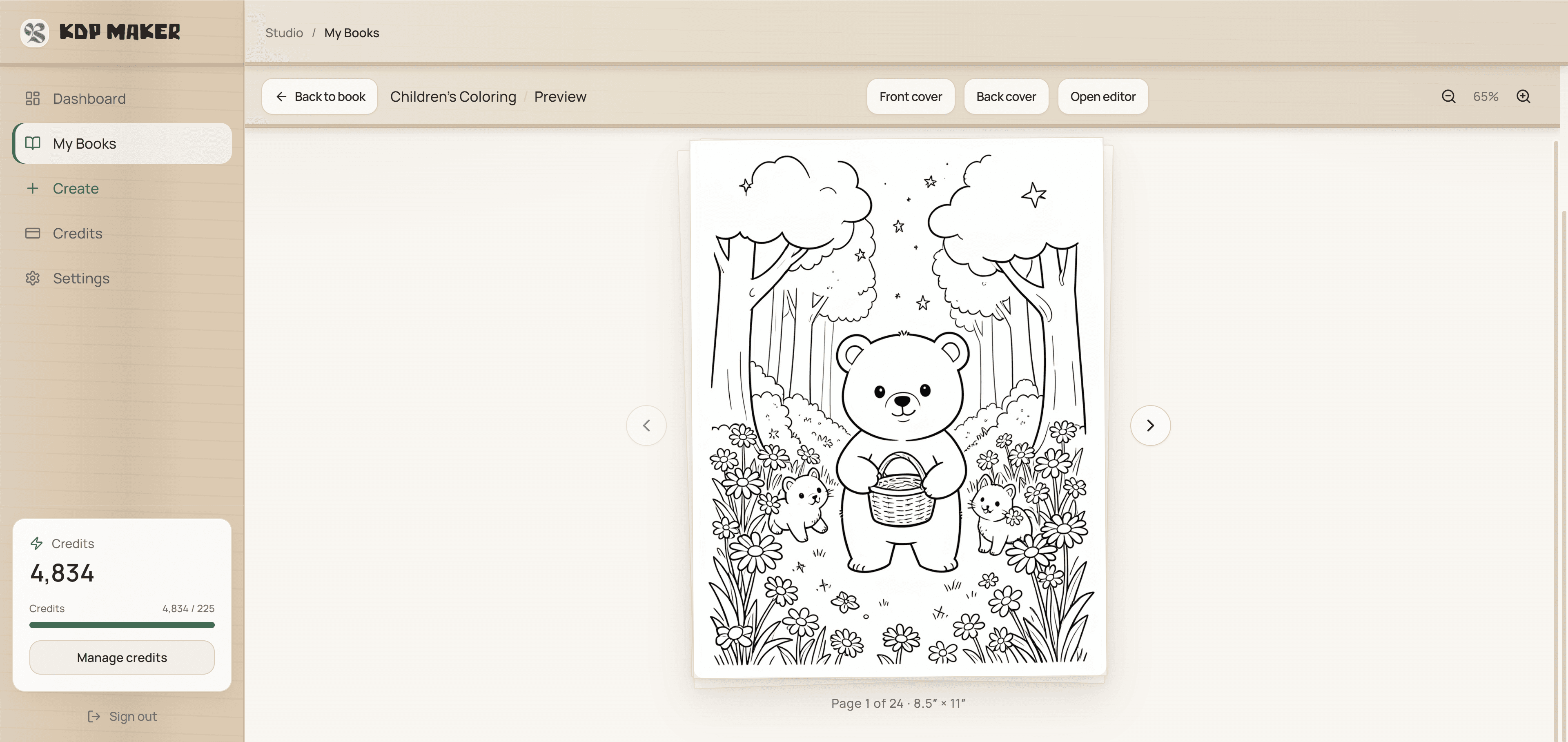 KDP Maker Preview Pages view showing a generated coloring-book interior page