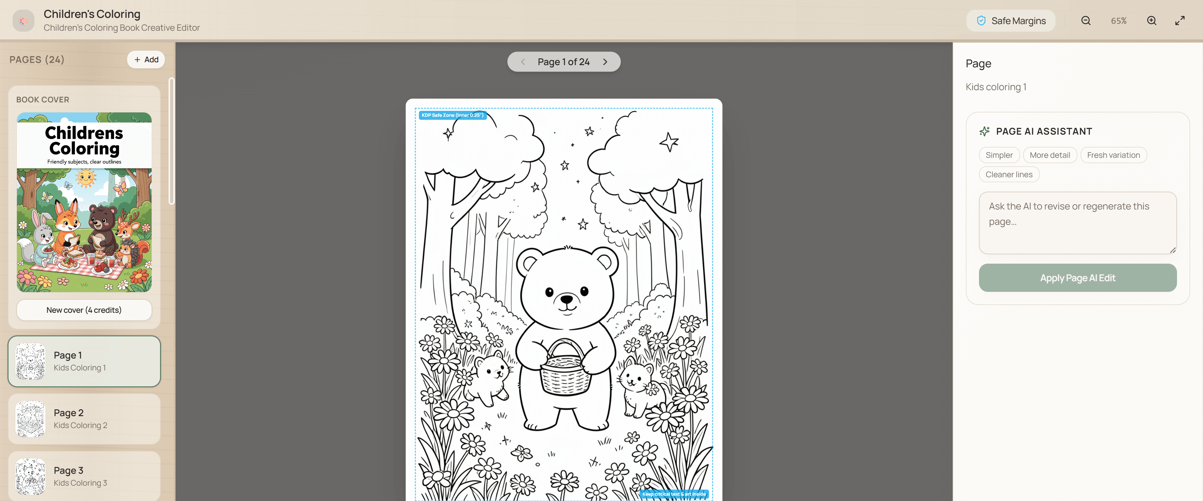 KDP Maker Studio Editor showing a coloring page with the Safe Margins overlay enabled